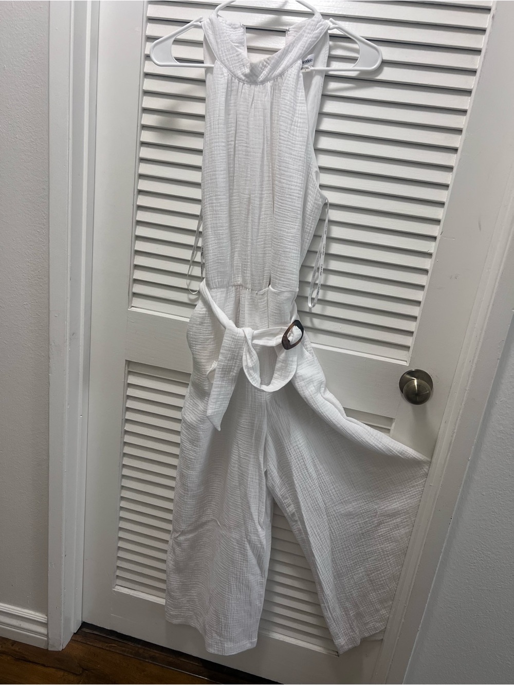 Calvin Klein White Sleeveless Wide-Leg Gauze Jumpsuit with Waist Tie